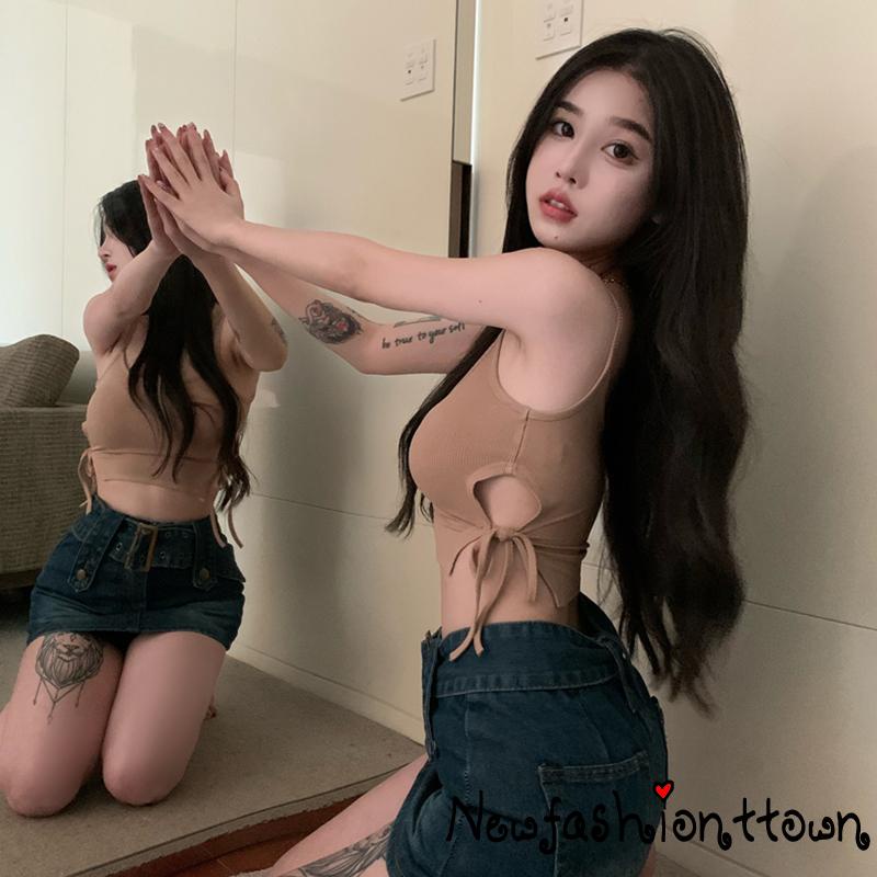 ღtwღWomen Tie-up Cutout Camisole, Sleeveless Solid Color U-shaped Neck Spaghetti Strap Crop Tops