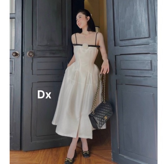 (HÀNG THIẾT KẾ ) LINI STORE • VÁY TRẮNG HOA TRÀ VIỀN ĐEN - ĐI ĐÁM CƯỚI BAO NỔI BẬT