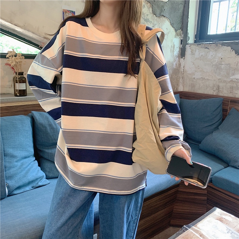 Áo thun tay dài cổ tròn kẻ sọc thời trang cho nữ