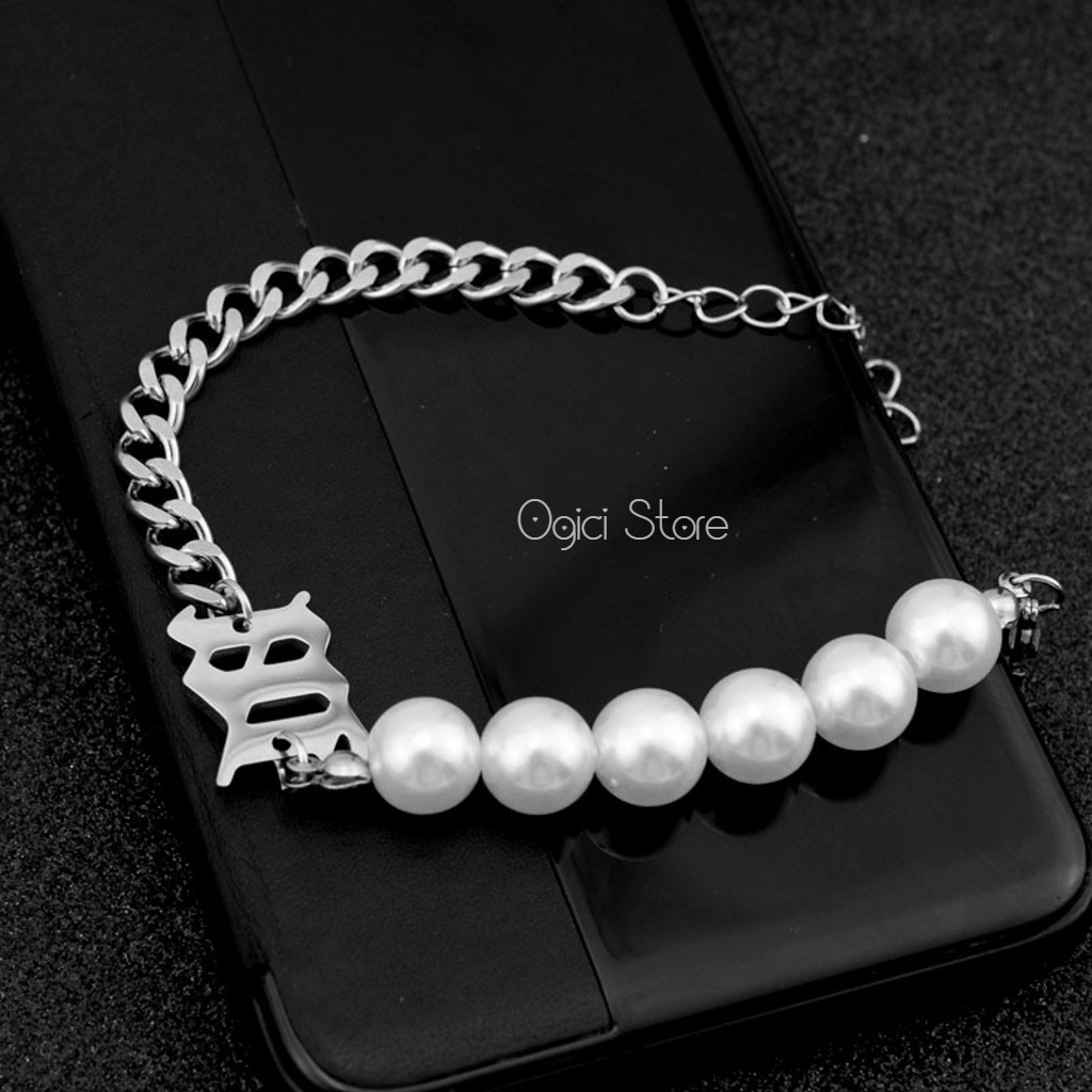 Vòng tay nam nữ thời trang, Lắc tay titan không gỉ thiết kế nửa ngọc trai nửa dây xích phong cách hàn quốc, Unisex