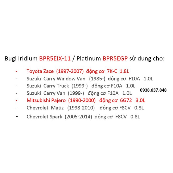 (BH 12 tháng) (BPR5EIX-11) Bugi NGK Iridium cao cấp dùng cho Toyota Zace, Suzuki Carry, Pjero, Matiz, Spark