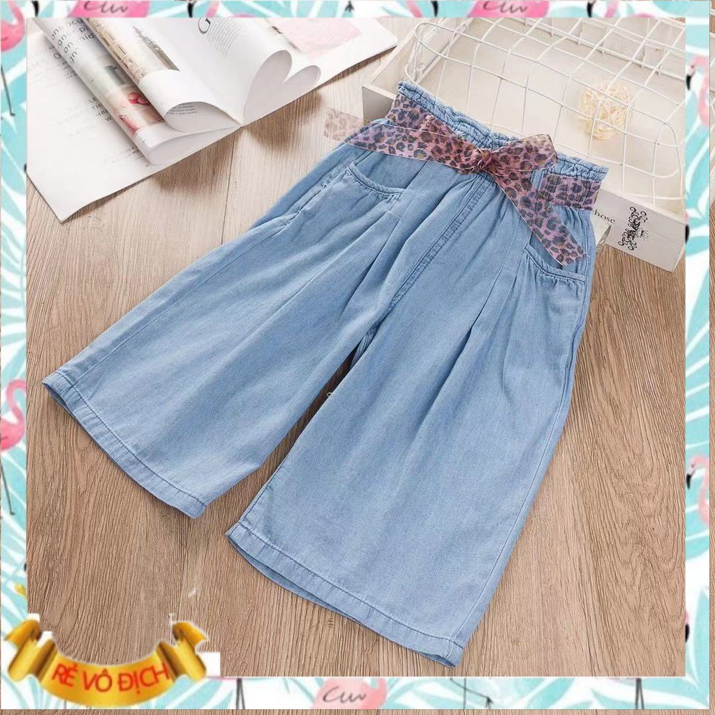 Quần bò giấy lửng kèm dây đai bé gái 3-12 tuổi