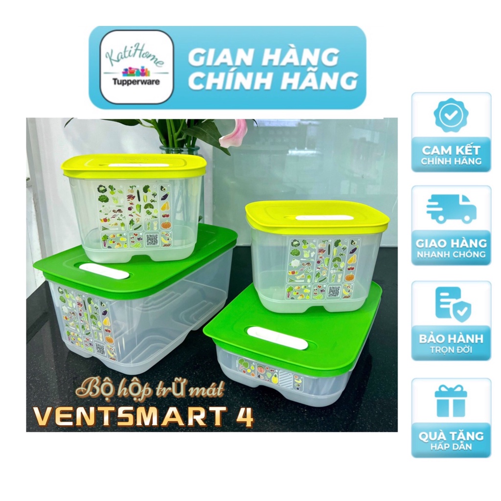 Bộ hộp Ventsmart nữ hoàng trữ mát có nút hô hấp cao cấp set 4 (4.4l 1.8l dẹp, cao) Tupperware