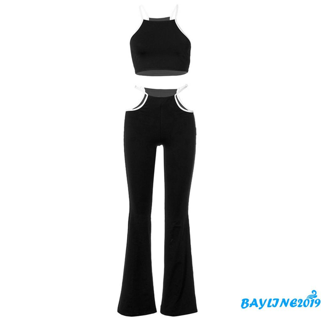 Set Đồ 2 Món Gồm Áo Crop Top Không Tay Và Quần Lưng Cao Ống Rộng Khoét Lỗ Màu Đen Cho Nữ