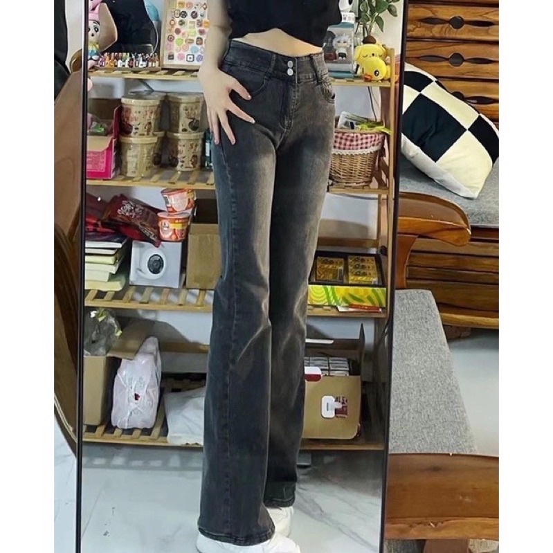 Quần jean Đen nhạt ống đứng loe nhẹ cạp cao có size đại mẫu mới 2022 hàng order chuẩn Taobao
