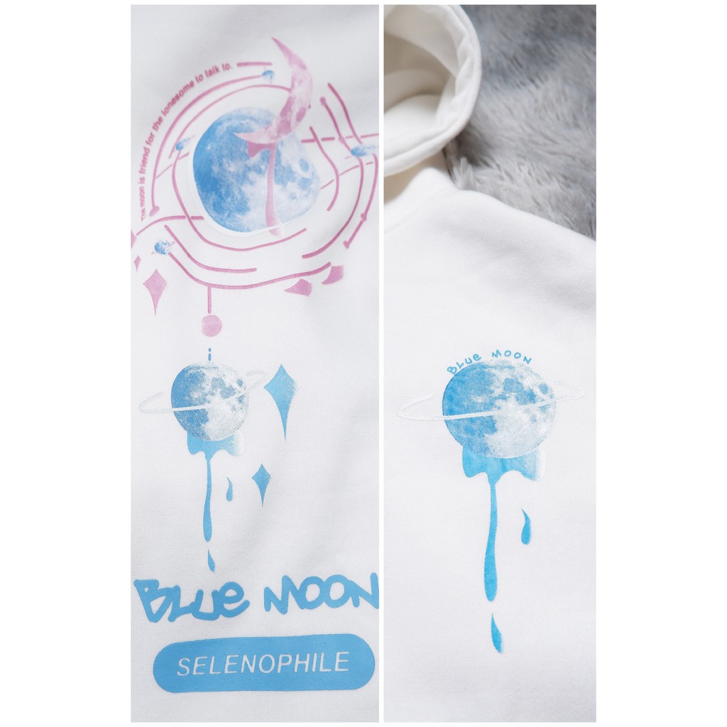 [Ảnh thật] Áo Hoodie Blue Moon Nỉ bông Màu trắng