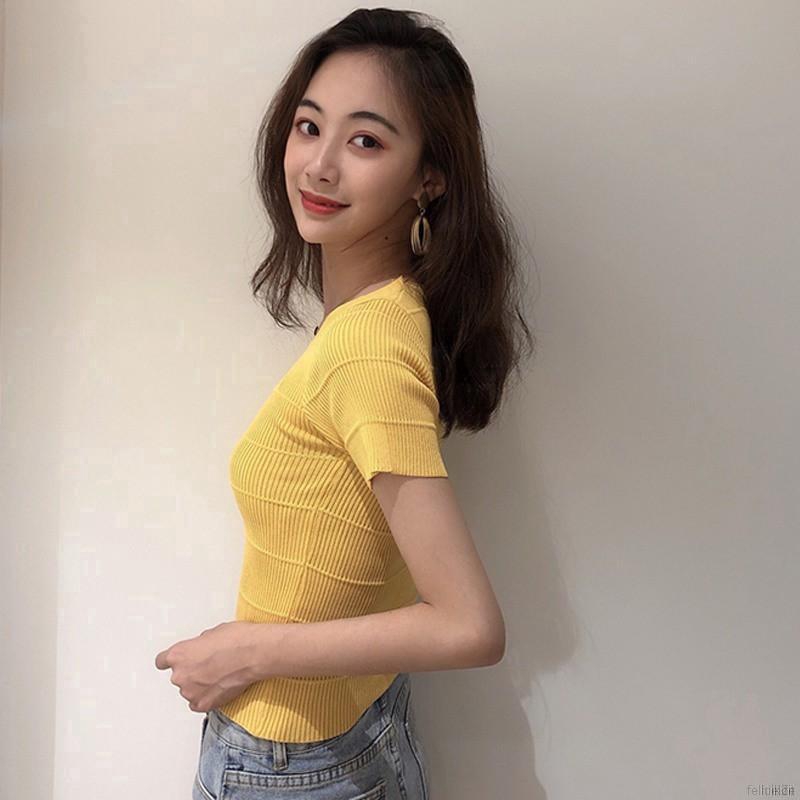 Áo dệt kim tay ngắn phối nút cổ chữ v thanh lịch hợp thời trang