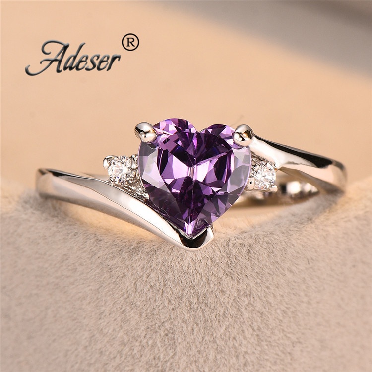 Nhẫn bạc 925 mặt trái tim 5ct đính đá Zircon tím Size 6-10