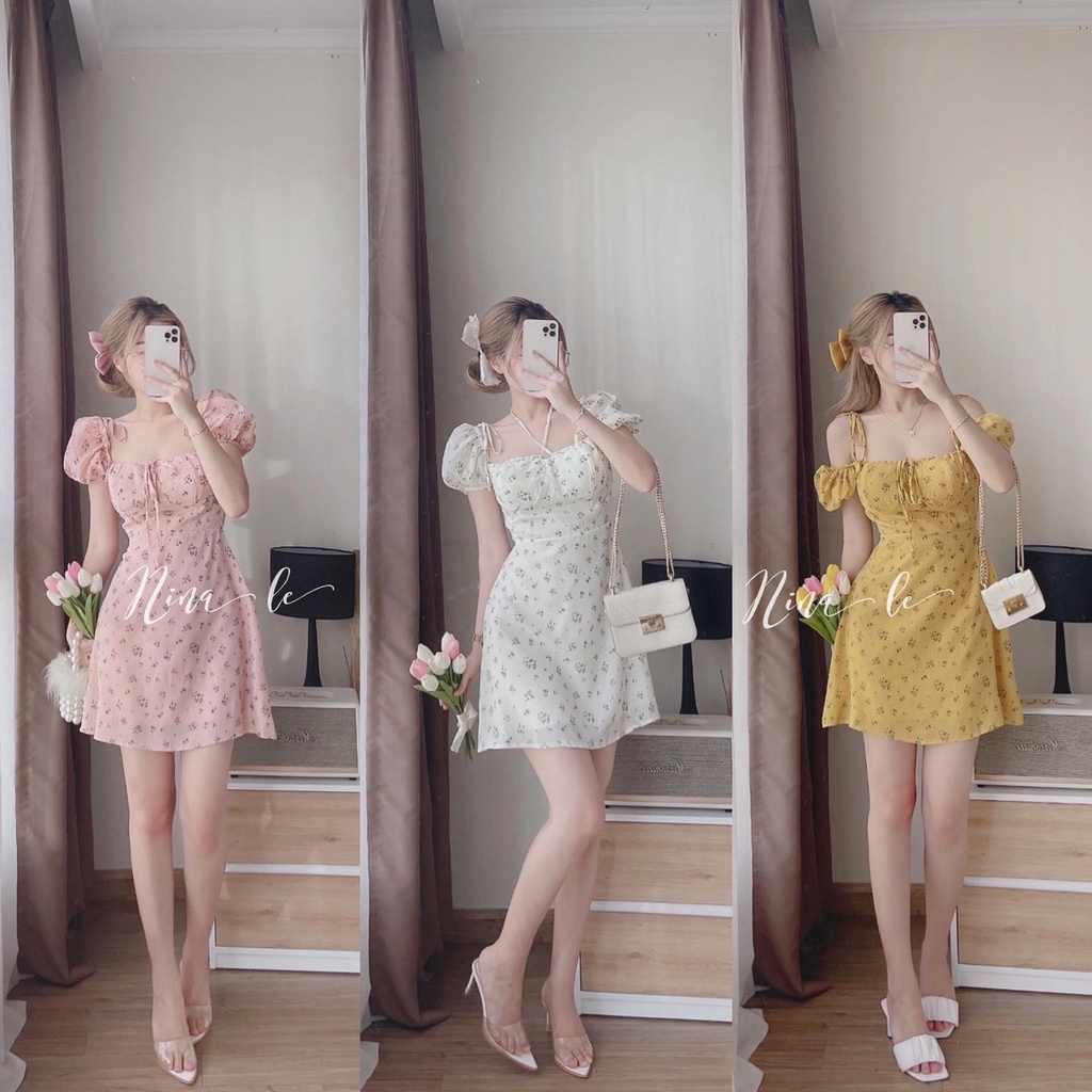 Váy trễ vai cổ yếm hoa nhí cup ngực thiết kế cổ vuông hàng hai lớp có đệm ngực dáng ngắn chữ A full 3 màu fullsize sexy