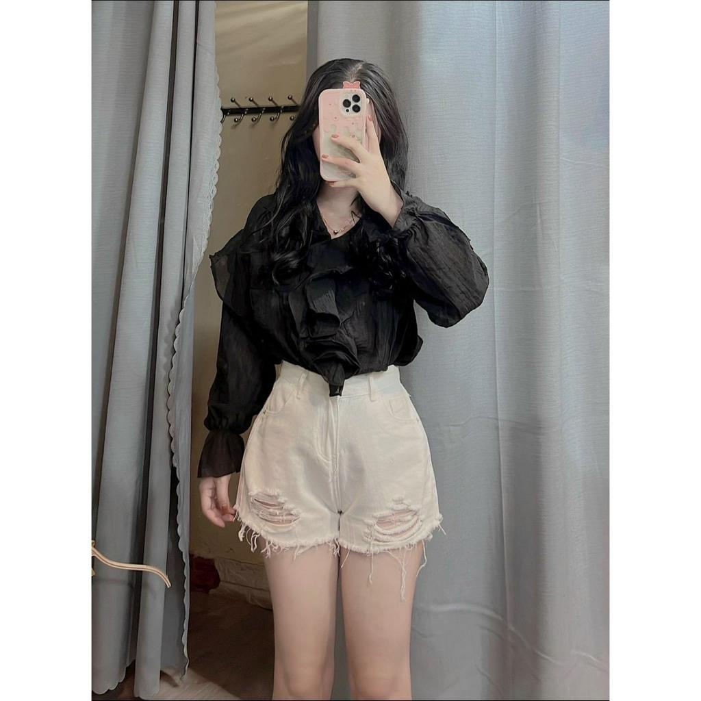 Quần short jean nữ lưng cao rách bụi, Chất denim bền đẹp
