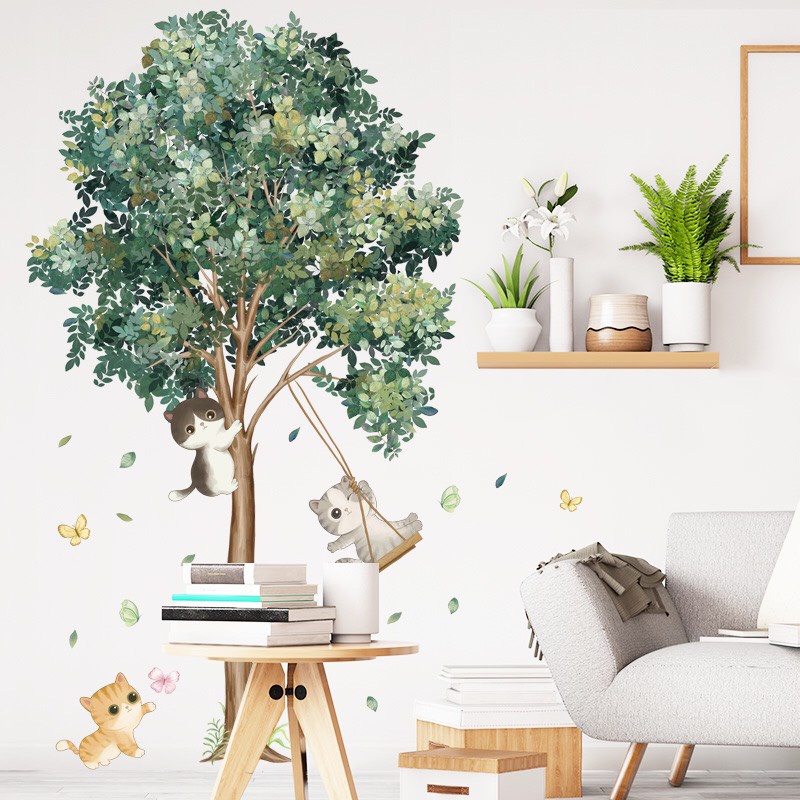 Decal trang trí tường - 3 chú mèo chơi xích đu xung quanh cây