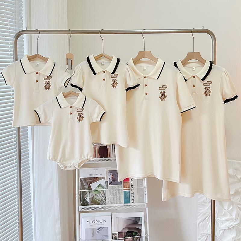 Bộ Áo Thun Polo Liền Quần Cổ Bẻ In Hình Gấu Con Dễ Thương Thời Trang Mùa Hè Cho Mẹ Và Bé