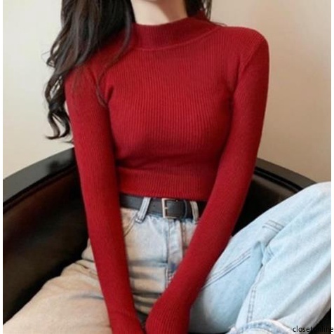 Áo dệt kim áo cổ cao màu trơn chất vải co giãn thời trang mùa đông cho nữ