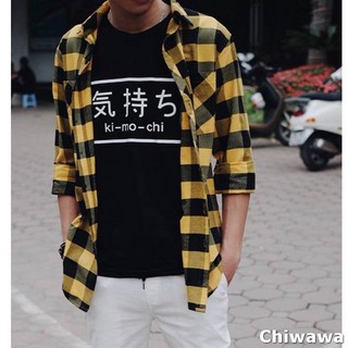 ÁO KHOÁC SƠ MI CARO NAM NỮ AMOZO 027 HÀN QUỐC, CỔ ÁO HIỆN ĐẠI MÀU VÀNG ĐEN