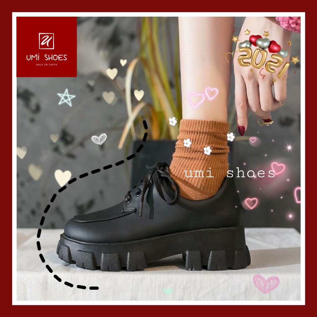 [NOWSHIP HN] Giày ulzzang retro anh quốc đế cao răng cưa cá tính oxford buộc dây màu đen da bóng mẫu mới hot trend đẹp