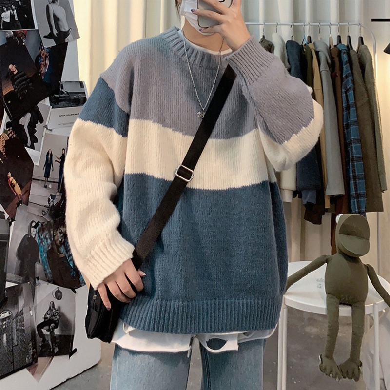 Áo Sweater Tay Dài Cổ Tròn Kẻ Sọc Ngang Trẻ Trung Phong Cách Harajuku Cho Nam Và Nữ