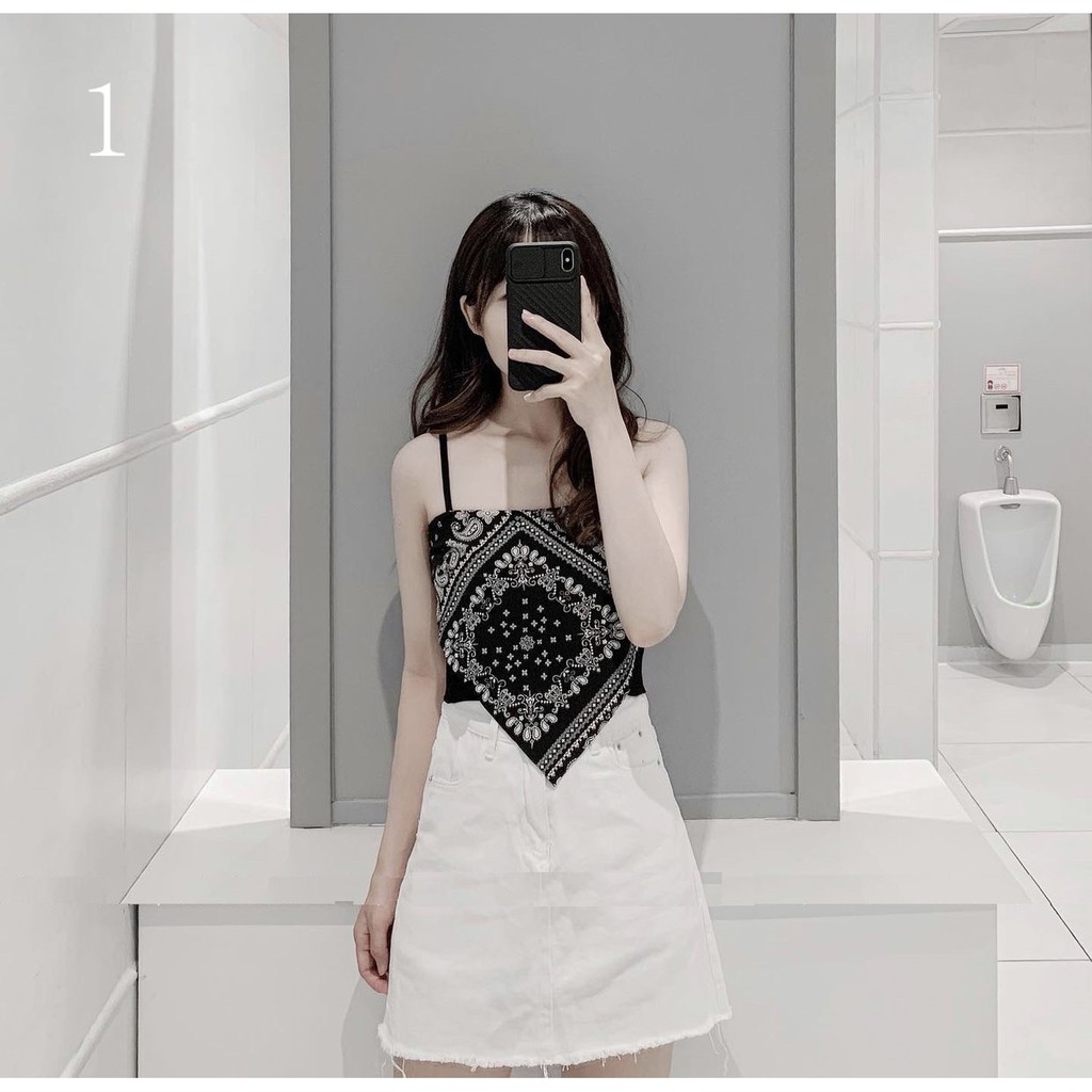 Áo 2 Dây Bozip Thổ Cẩm PEONYB Nữ [FREESHIP]  Thun body dáng ôm, phông họa tiết mặc đi biển màu TRẮNG | ĐEN Ulzzang