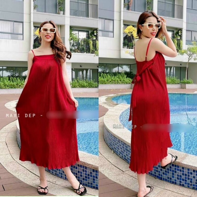 Đầm 2 Dây Cột Dây Nơ Dập Ly Dáng Dài
