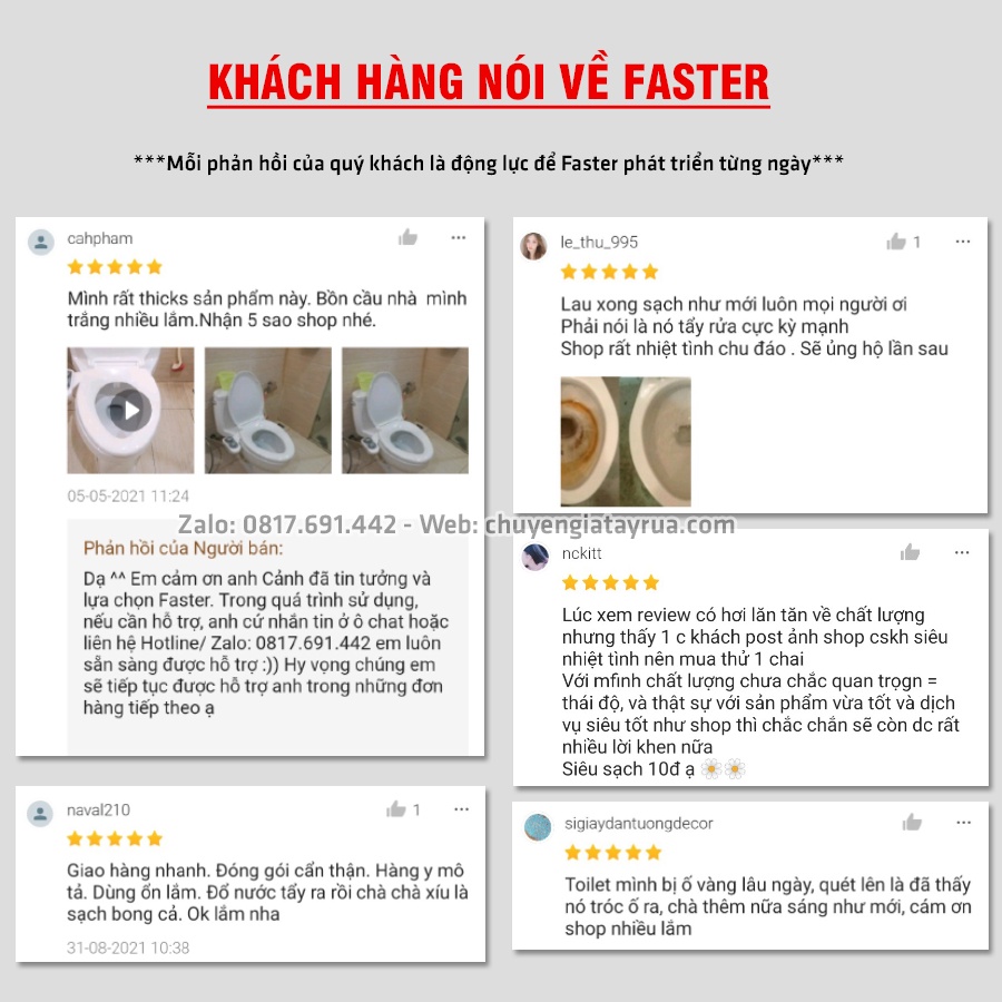 Tẩy Trắng Gạch Men, Bồn Cầu, Bồn Sứ Ố Vàng, Đóng Cặn, Xỉn Màu Lâu Ngày Siêu Mạnh Faster Cera Chai Lớn 500ml