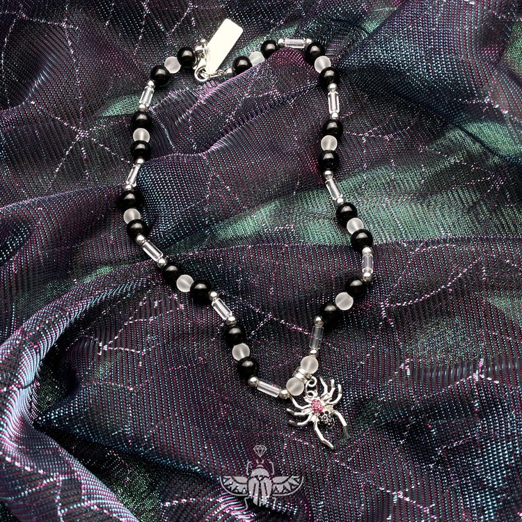 Vòng cổ Hạt Tròn Màu Đen Đính Đá Ruby Ngọc Lam Vân Kim Cương Pha Lê Hình Nhện Dáng Tròn Trẻ Trung Cho Nam Và Nữ