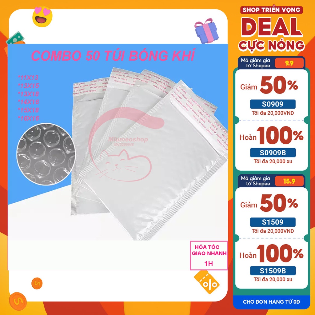 Combo 50 túi gói hàng niêm phong, Túi đóng hàng lót bóng khí chống sốc