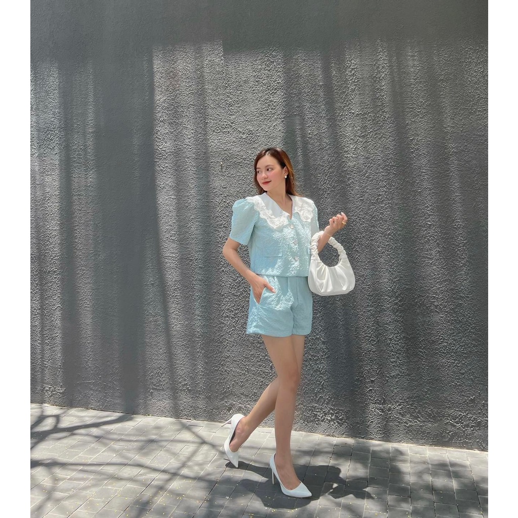 [HÀNG THIẾT KẾ CAO CẤP] Set Xốp Cổ Ren + Quần Short Thoải Mái Mặc Nhà / Đi Biển Màu Trắng / Xanh