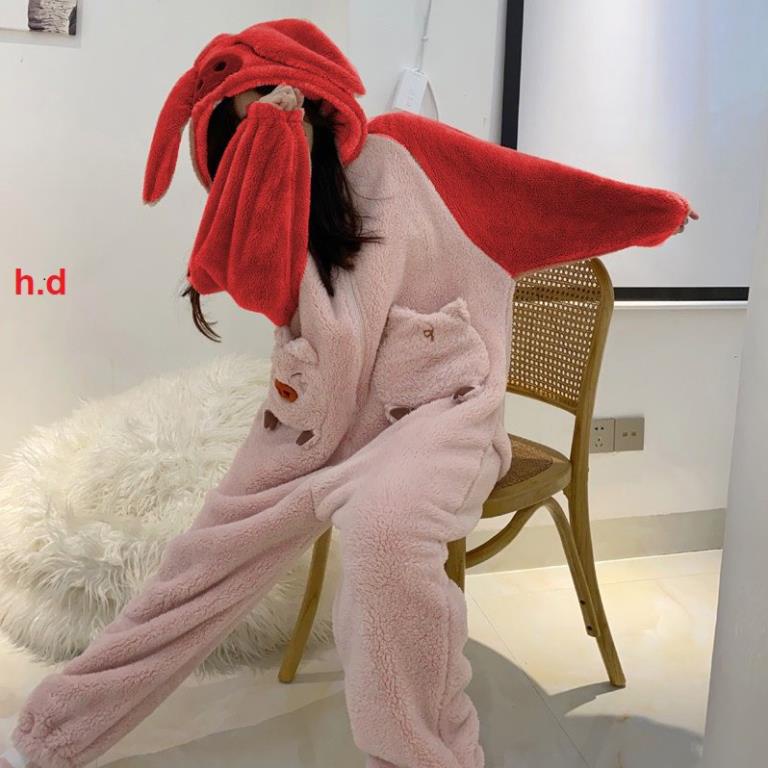Bộ jumpsuit thêu mặt Lợn dáng liền thân chất lông cừu dày giữ nhiệt tốt form rộng oversize kèm ảnh thật