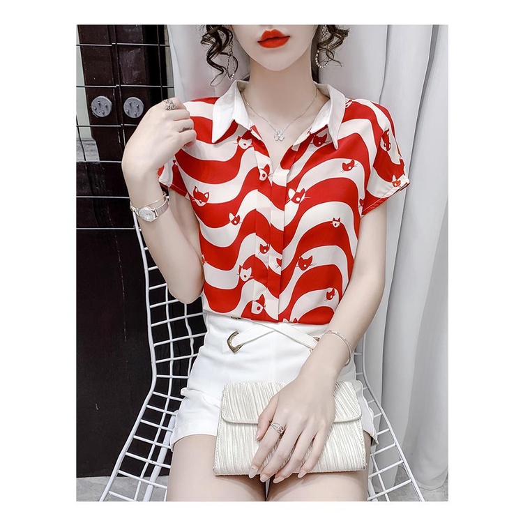 Áo Thun chiffon Ngắn Tay Họa Tiết Kẻ Sọc Thời Trang Mùa Hè Dành Cho Nữ Trung Niên