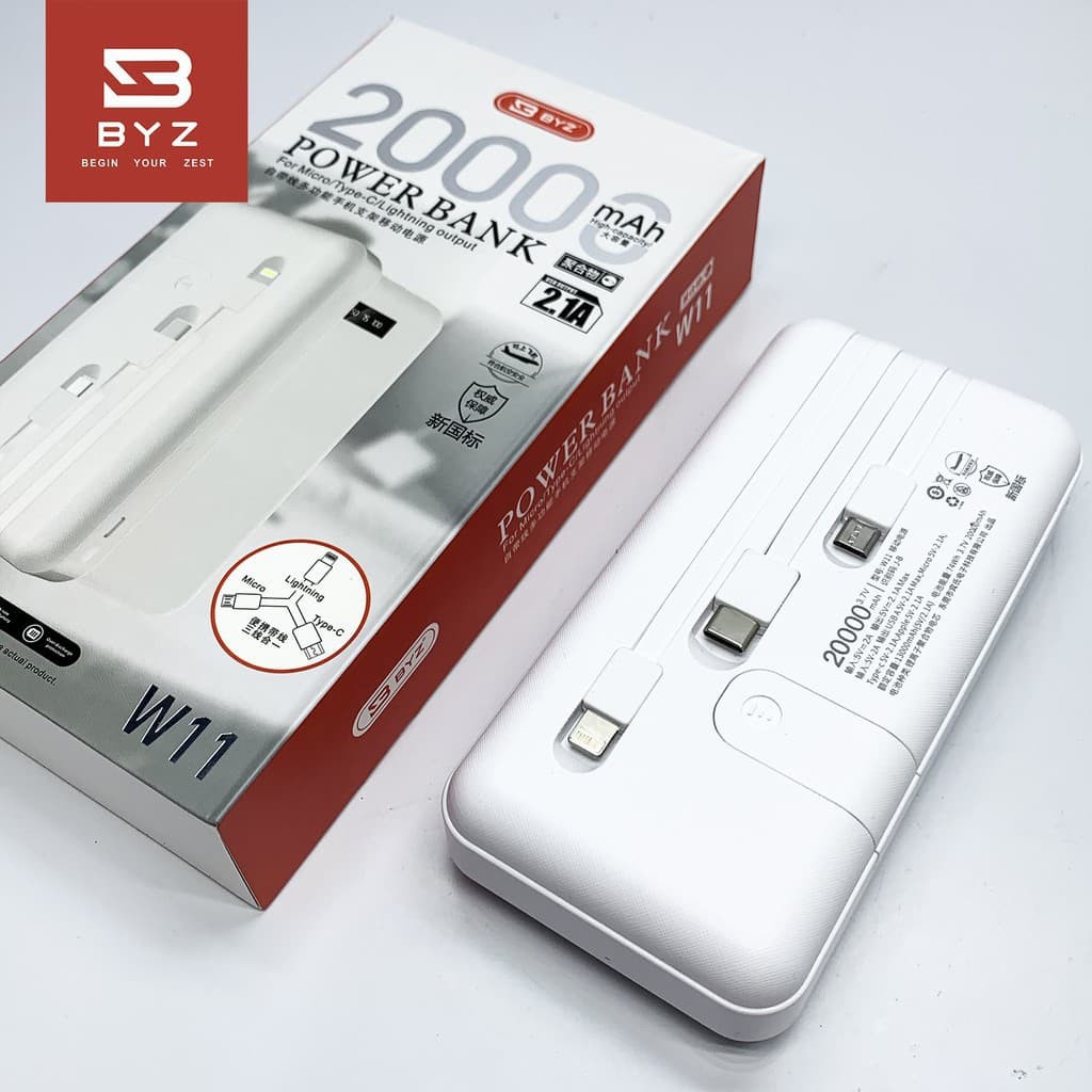 [BẢO HÀNH CHÍNH HÃNG ]Sạc Dự Phòng BYZ W11 20.000MahCó sẵn 3 dây sạc Micro-USB, Type c, Lightning.