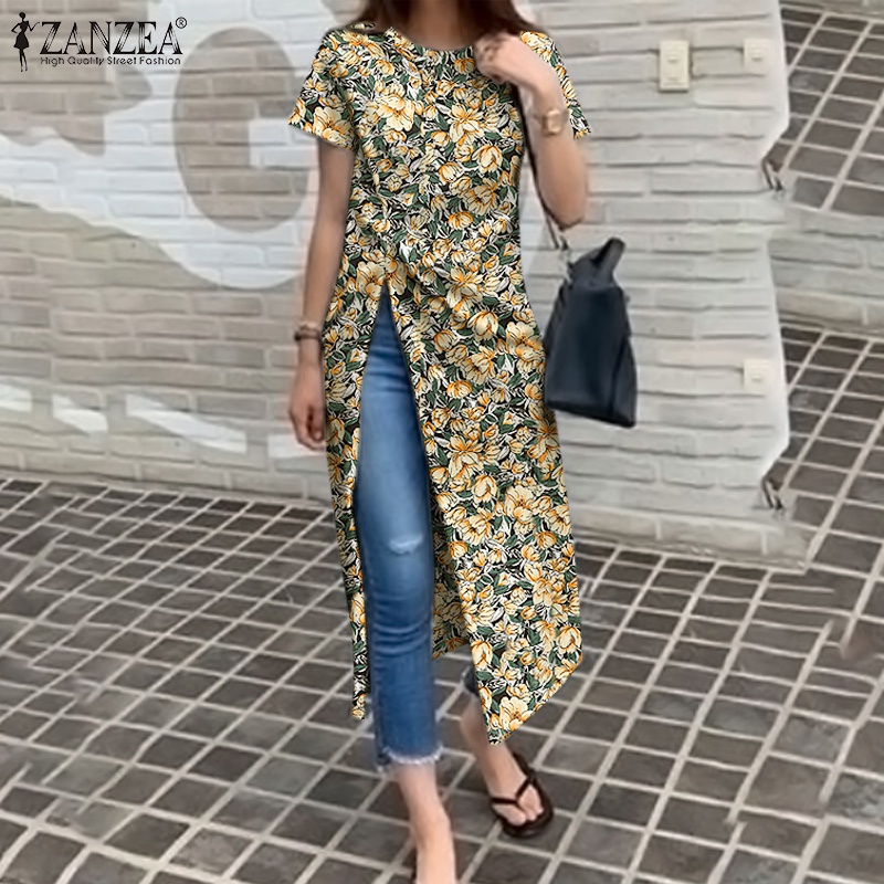 Áo kiểu nữ ZANZEA cổ tròn ngắn tay dáng dài xẻ tà thời trang