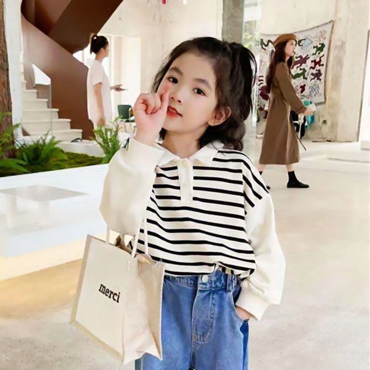 Áo Sweater công chúa phối họa tiết kẻ sọc phong cách Hàn Quốc thời trang thu đông cho bé gái