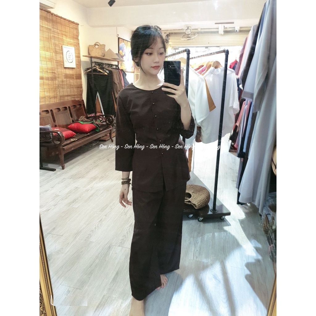 ️ BỘ đồ đi lễ   # áo bà ba nâu # set trang phục truyền thống # áo lam đi chùa đi chơi -  PHÁP PHỤC SEN HỒNG B15 Nâu