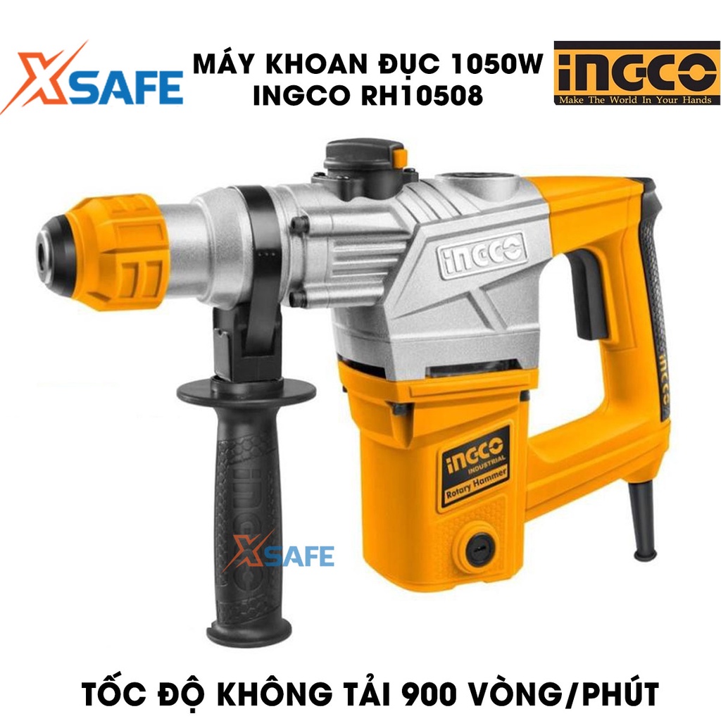 Máy khoan đục 1050W INGCO RH10508 kèm 3 mũi khoan gài, 2 mũi đục tốc độ không tải 900 vòng/phút