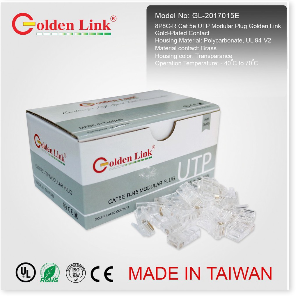 Đầu bấm mạng RJ45 UTP Golden Link CAT 5E (100 đầu/ 1 hộp) - Made in Taiwan - SmartShop