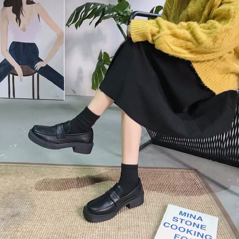 Giày loafer nữ oxford lolita ulzzang Nhật Bản búp bê mũi vuông đế cao da PU trơn đen nâu đồng phục JK Yannie