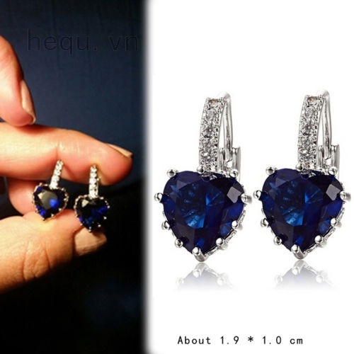 Hoa Tai Bạch Kim Hình Trái Tim Đính Đá Zircon Xanh Dương Phong Cách Retro