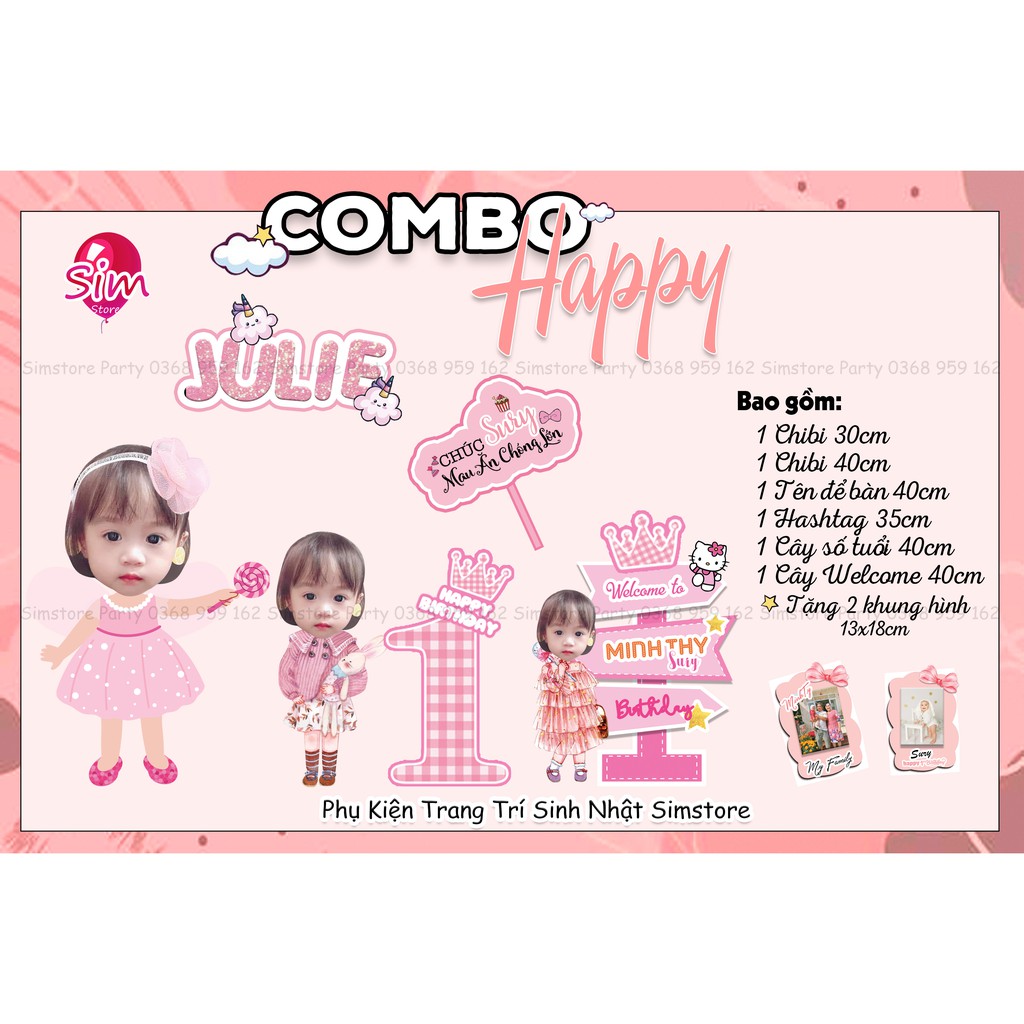 Combo hình chibi, bảng tên, cây welcome, cây số tuổi  trang trí sinh nhật bàn tiệc thiết kế  cho bé