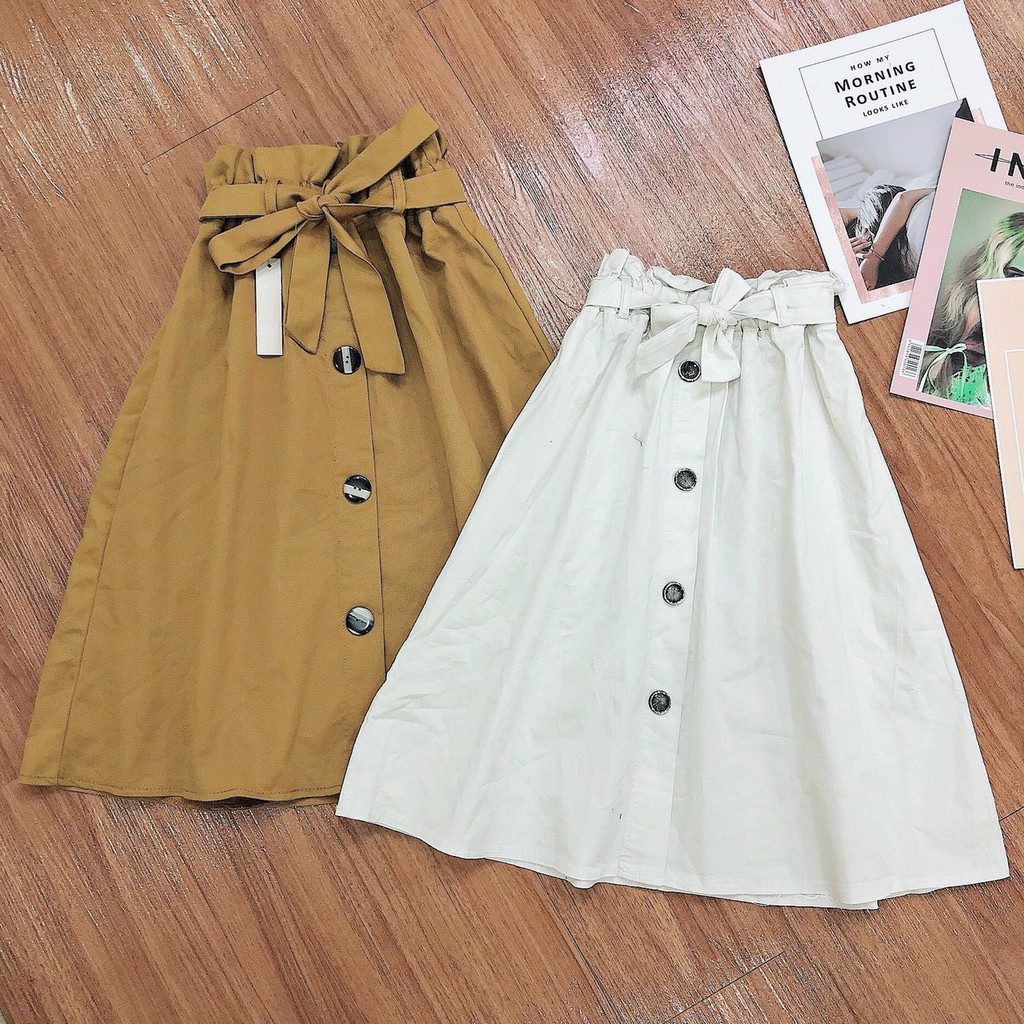 Chân váy kaki xòe hàng nút phối nhún dày dặn buộc nơ xinh | BigBuy360 - bigbuy360.vn