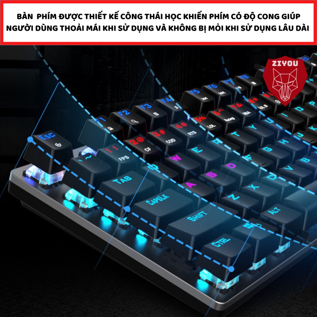 Bàn phím cơ gaming ZIYOU FZ508 có 22 chế độ led RGB cực đẹp, tặng kèm kê tay, sử dụng cho máy tính, pc, laptop