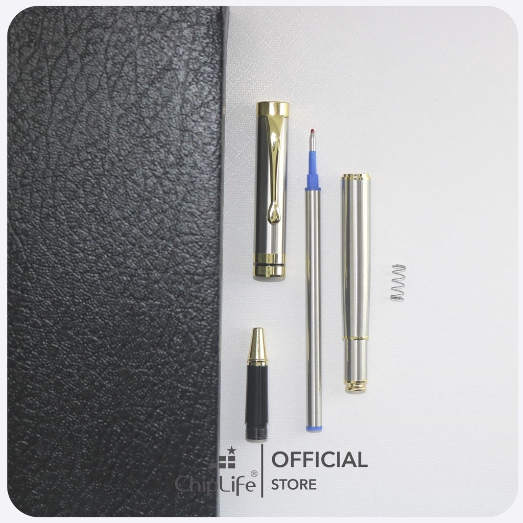 Bút kim loại khắc tên theo yêu cầu CHIPLIFE bạc viền vàng P027BV - Ngòi 0.5mm mực xanh