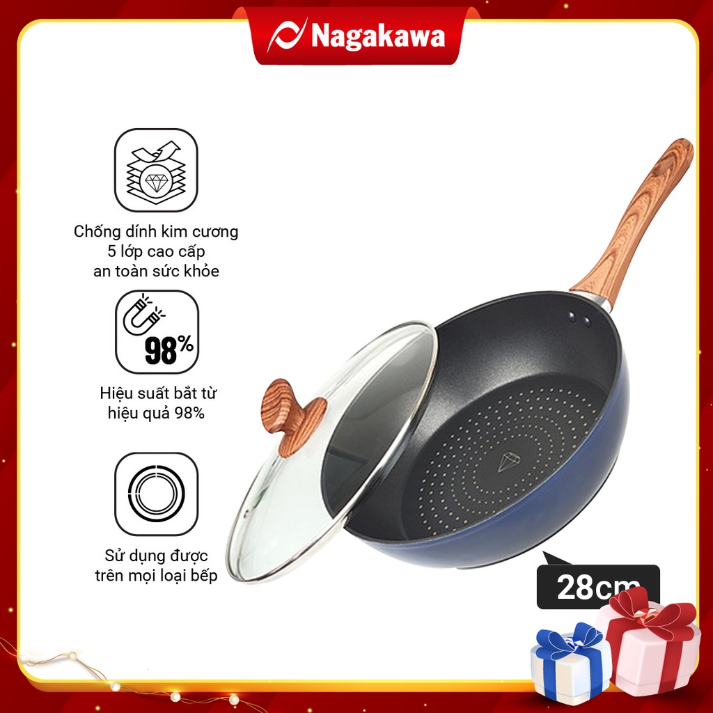 Chảo kim cương đáy từ sâu lòng vung kính 28 cm Nagakawa NAG2853