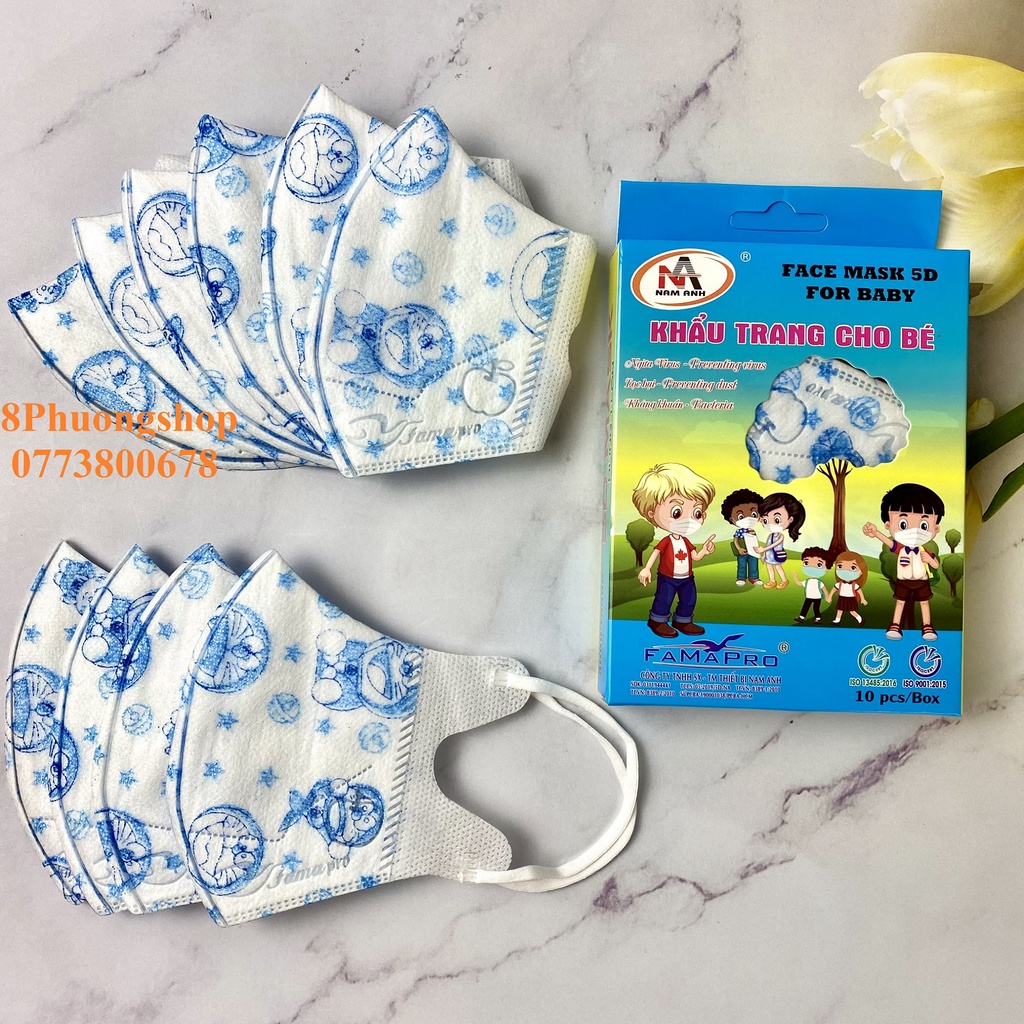 Khẩu Trang cho bé 5D KIDS FAMAPRO kháng khuẩn IN HOẠ TIẾT Đoremon / Kitty / Gấu Trúc / Kì Lân / Vịt Donald 10 cái/ hộp