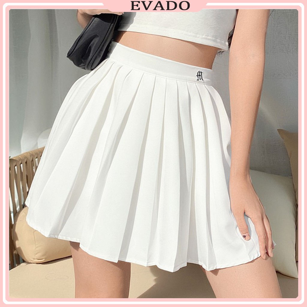 Chân váy tennis xếp ly bigsize nữ dáng xòe thêu chữ có lót trong lưng cao trắng đen phong cách Hàn Quốc EVADO CV03