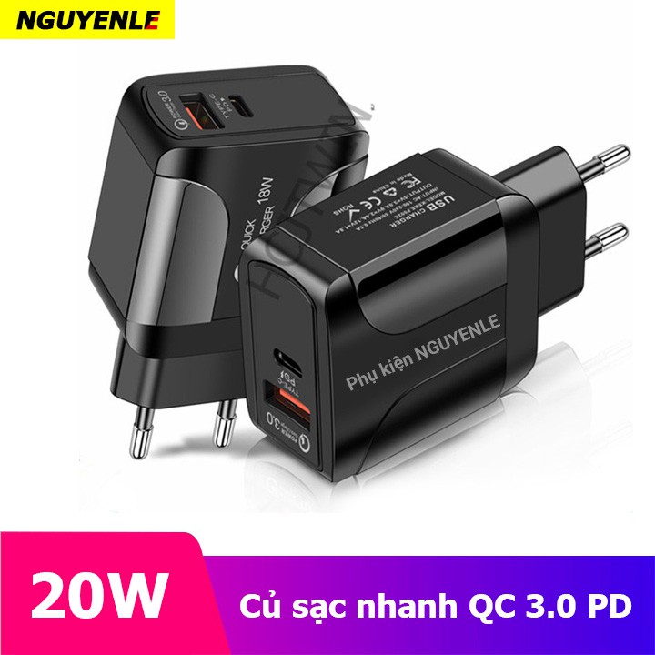 Củ sạc nhanh 20W 2 cổng - hỗ trợ sạc nhanh chuẩn QC3.0/PD 20W 18W