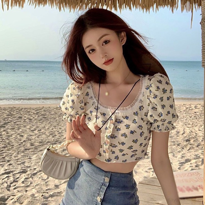 Áo Croptop Tay Ngắn Hoạ Tiết Hoa Cho Phái Nữ