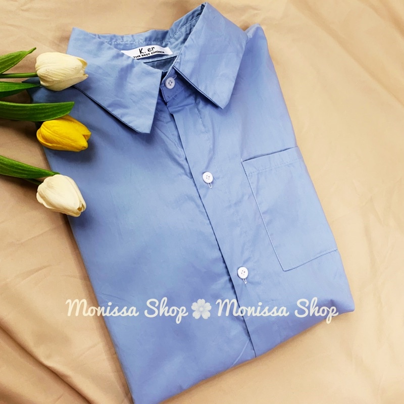 Áo sơ mi nữ form rộng xẻ tà vạt cúcMàu xanh đẹp ngắn tay ulzzang vintage hàn quốc cao cấp