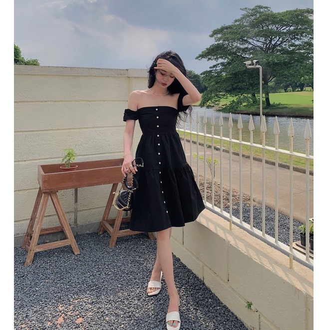 Đầm nữ dáng xòe midi trễ vai Emilyshop