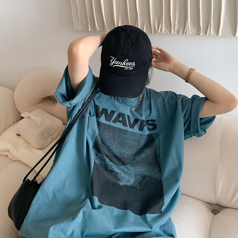 SUXI Korean Oversized T-shirt Medium Length Loose Shirt Top Multicolor Print Short Sleeve Women's T-shirt