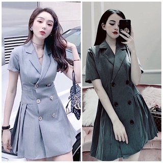 Đầm váy xám cổ vest xếp li vnxk (kèm hình thật)