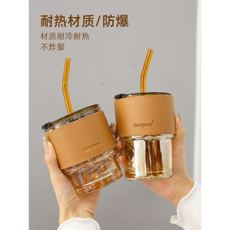 (Bán Buôn Sỉ) Cốc giữ nhiệt thủy tinh tặng kèm bao da ống hút, ly chịu nhiệt dùng uống cafe sang chảnh